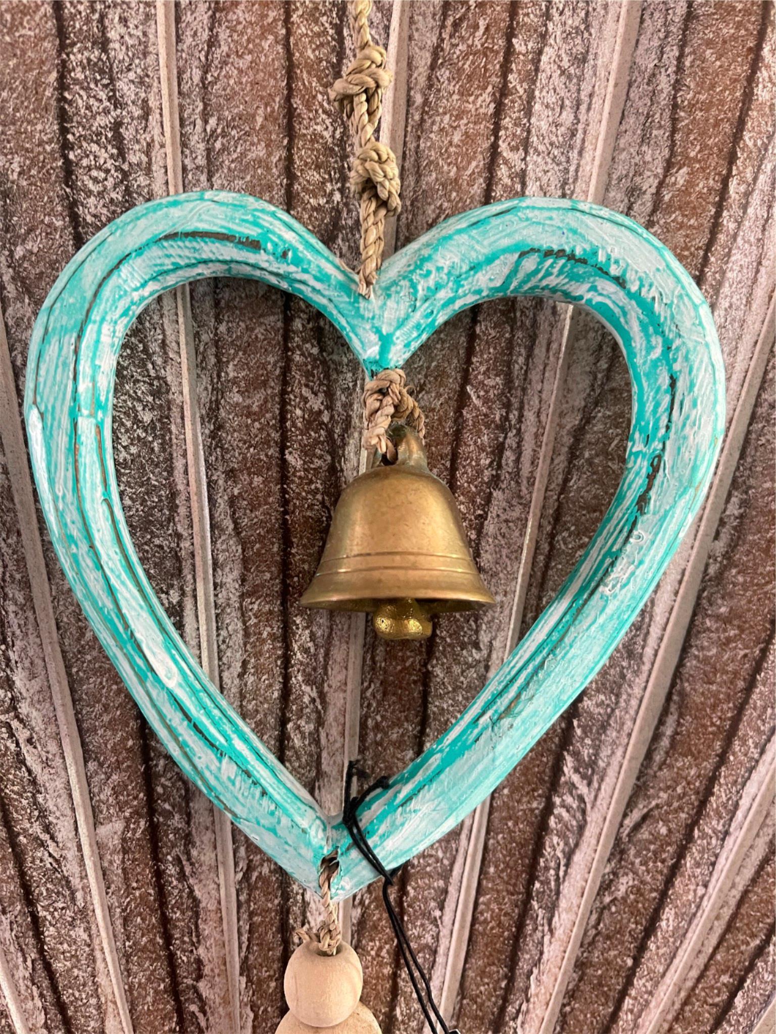 Balinese Hand Crafted Wood Heart Hanger / Mobile - Love Heart Hanging w/Bell