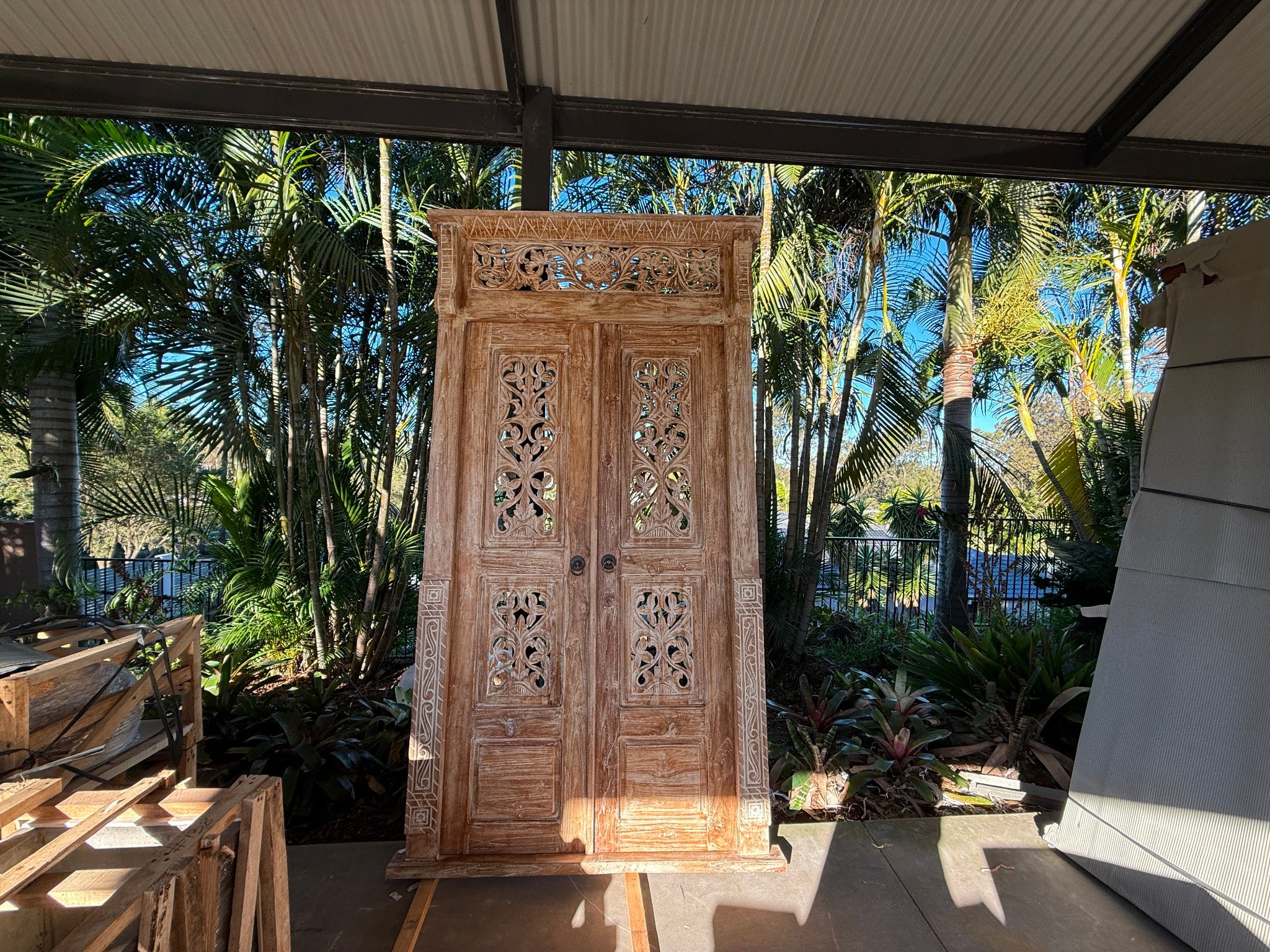 Authentic Balinese Teak Doors in Frame - Hand Carved Recycled Teak Bali Doors
