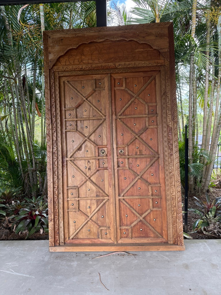 Authentic Balinese Teak Doors in Frame - Hand Carved Recycled Teak Bali Doors
