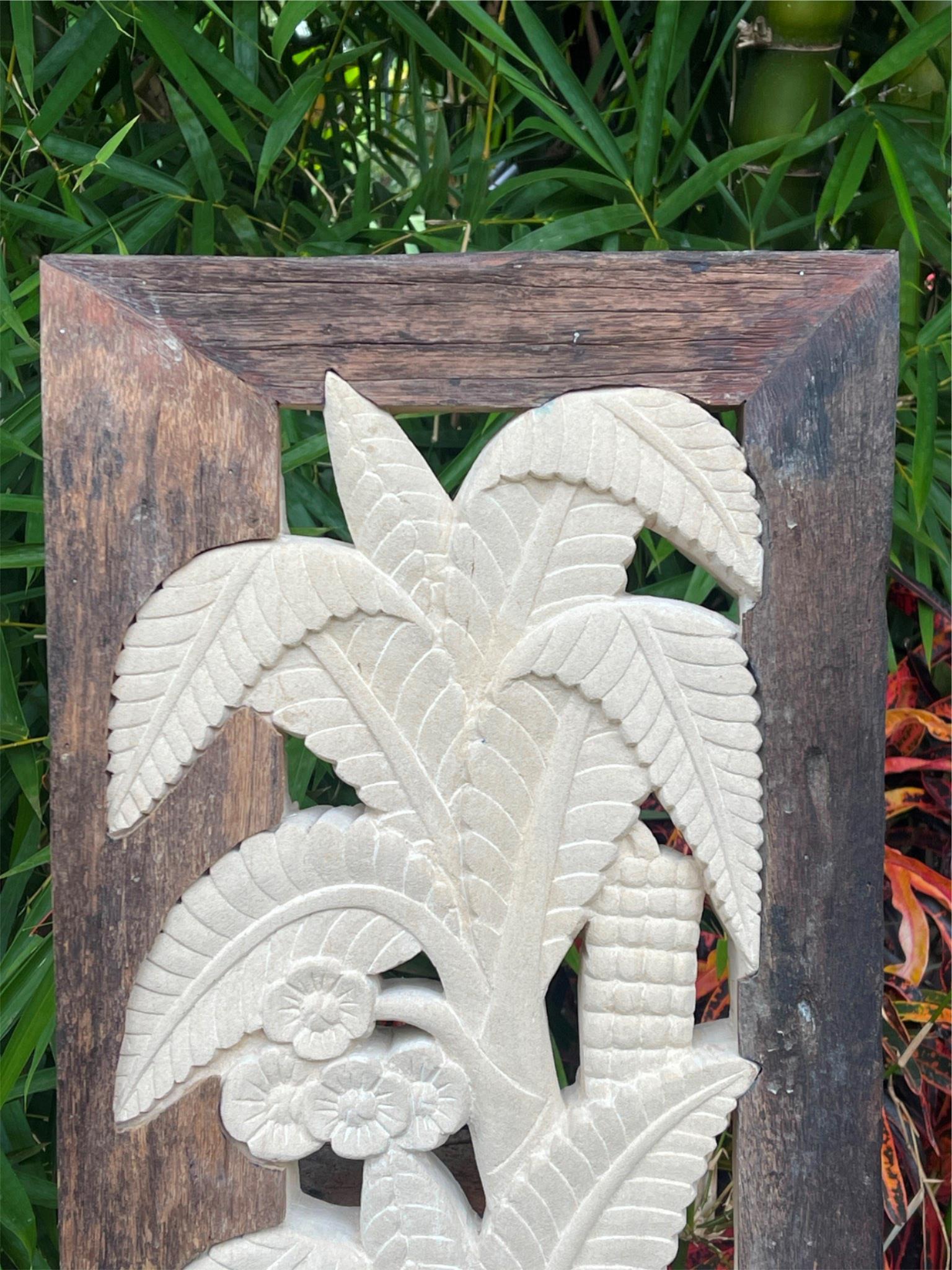 NEW Balinese Hand Carved & Crafted Limestone Panel w/Recycled Timber Frame 33x63