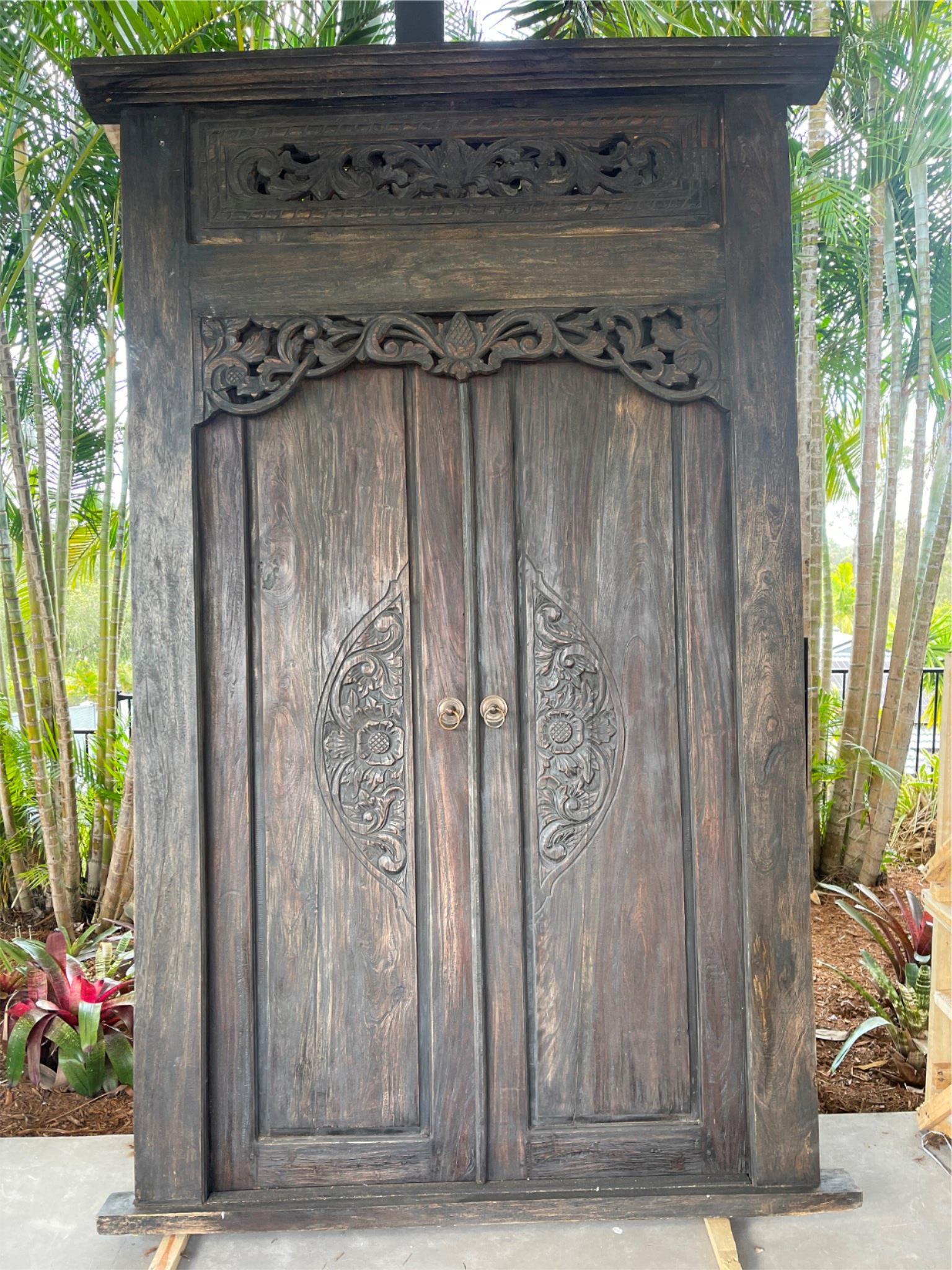 Authentic Balinese Teak Doors in Frame - Hand Carved Recycled Teak Bali Doors