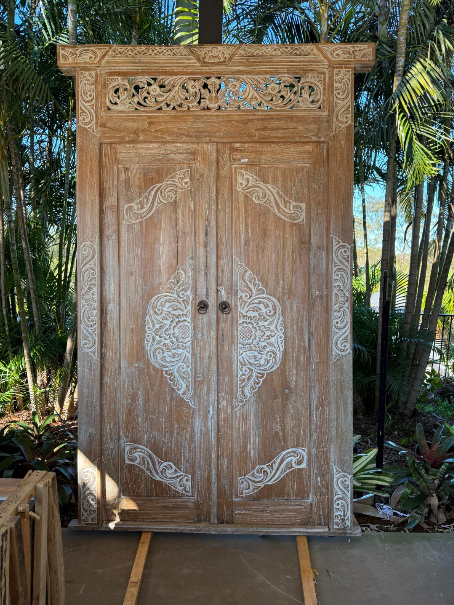 Authentic Balinese Teak Doors in Frame - Hand Carved Recycled Teak Bali Doors