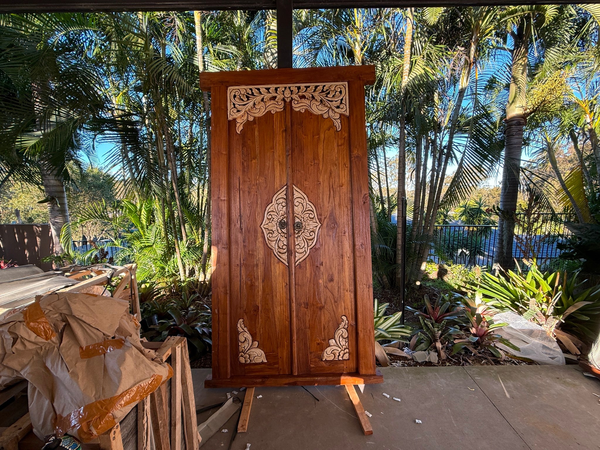Authentic Balinese Teak Doors in Frame - Hand Carved Recycled Teak Bali Doors