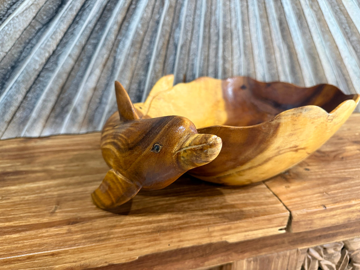 NEW Balinese Hand Carved Suar Wood Dolphin Bowl - Bali  Carved Dolphin Bowl 40cm