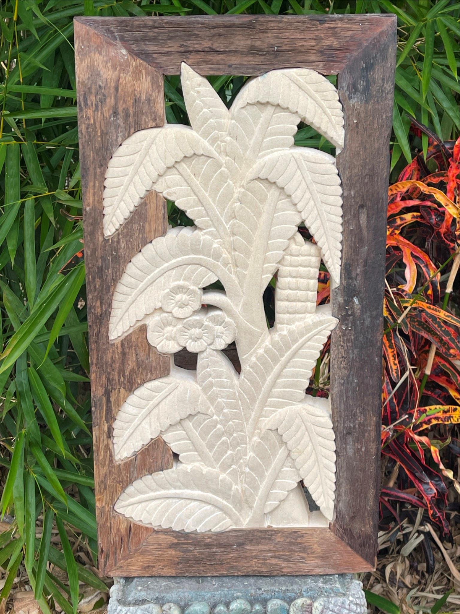 NEW Balinese Hand Carved & Crafted Limestone Panel w/Recycled Timber Frame 33x63