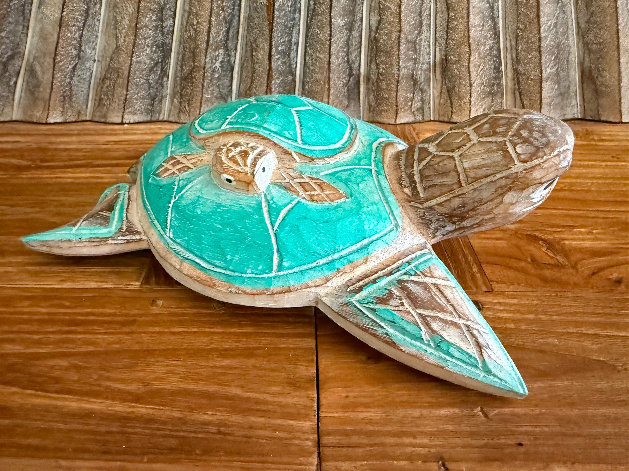 Balinese Hand Carved & Crafted Wooden Turtle w/Baby Sculpture - Bali Turtle Art