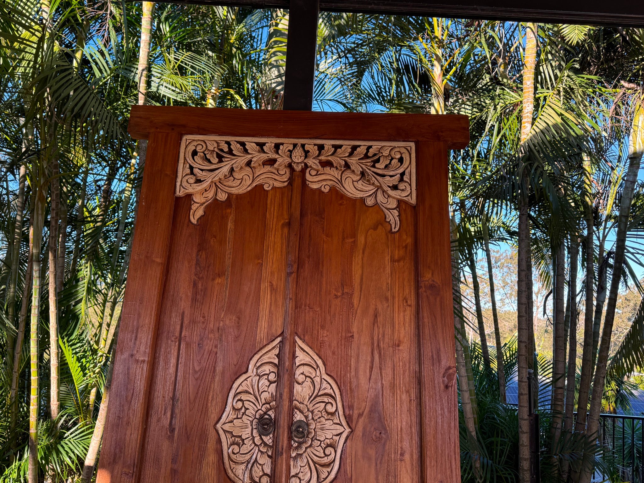 Authentic Balinese Teak Doors in Frame - Hand Carved Recycled Teak Bali Doors