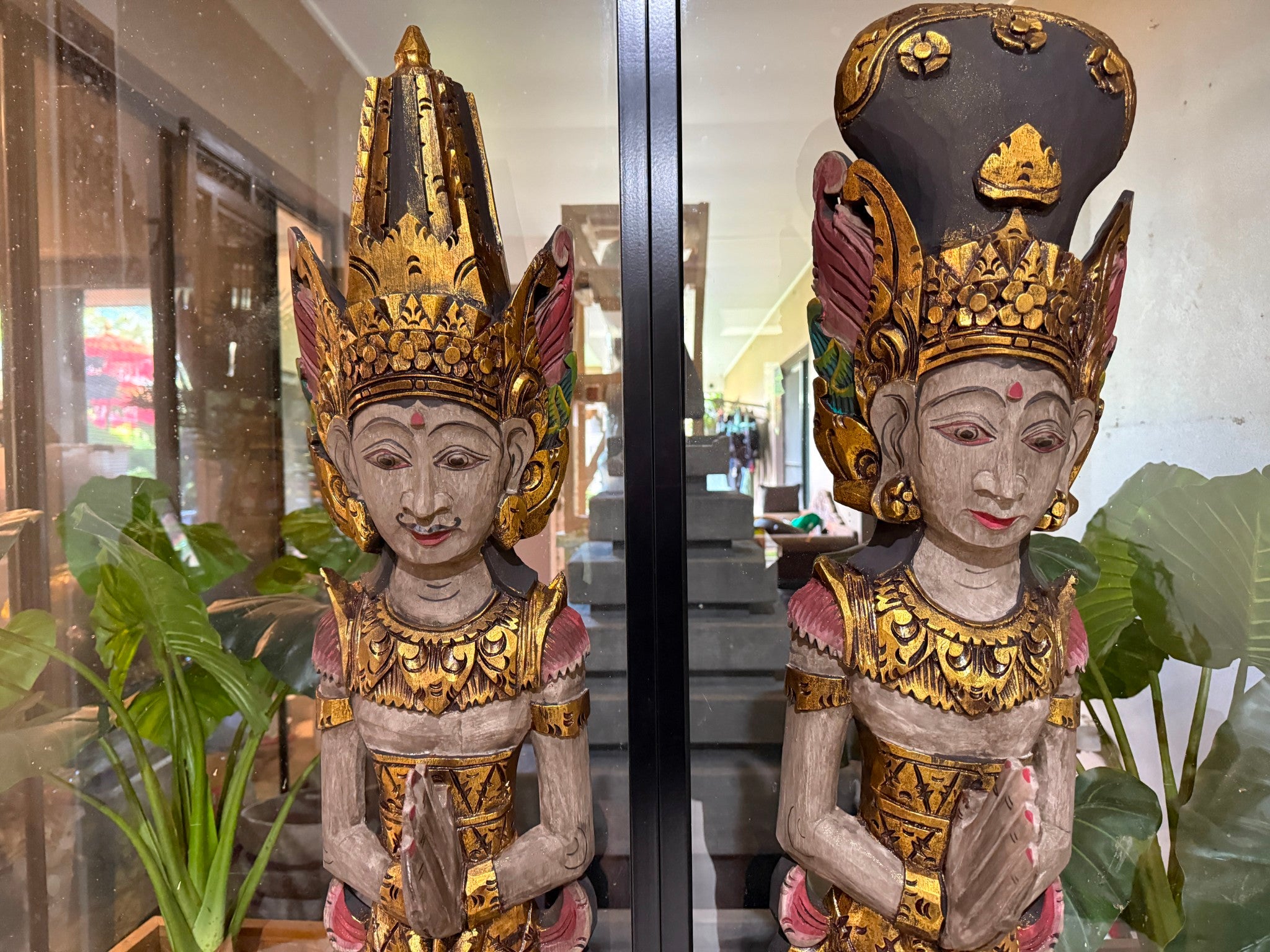 NEW Balinese Hand Carved Wood Rama & Shinta Sculptures 1.5m Tall - Set of 2