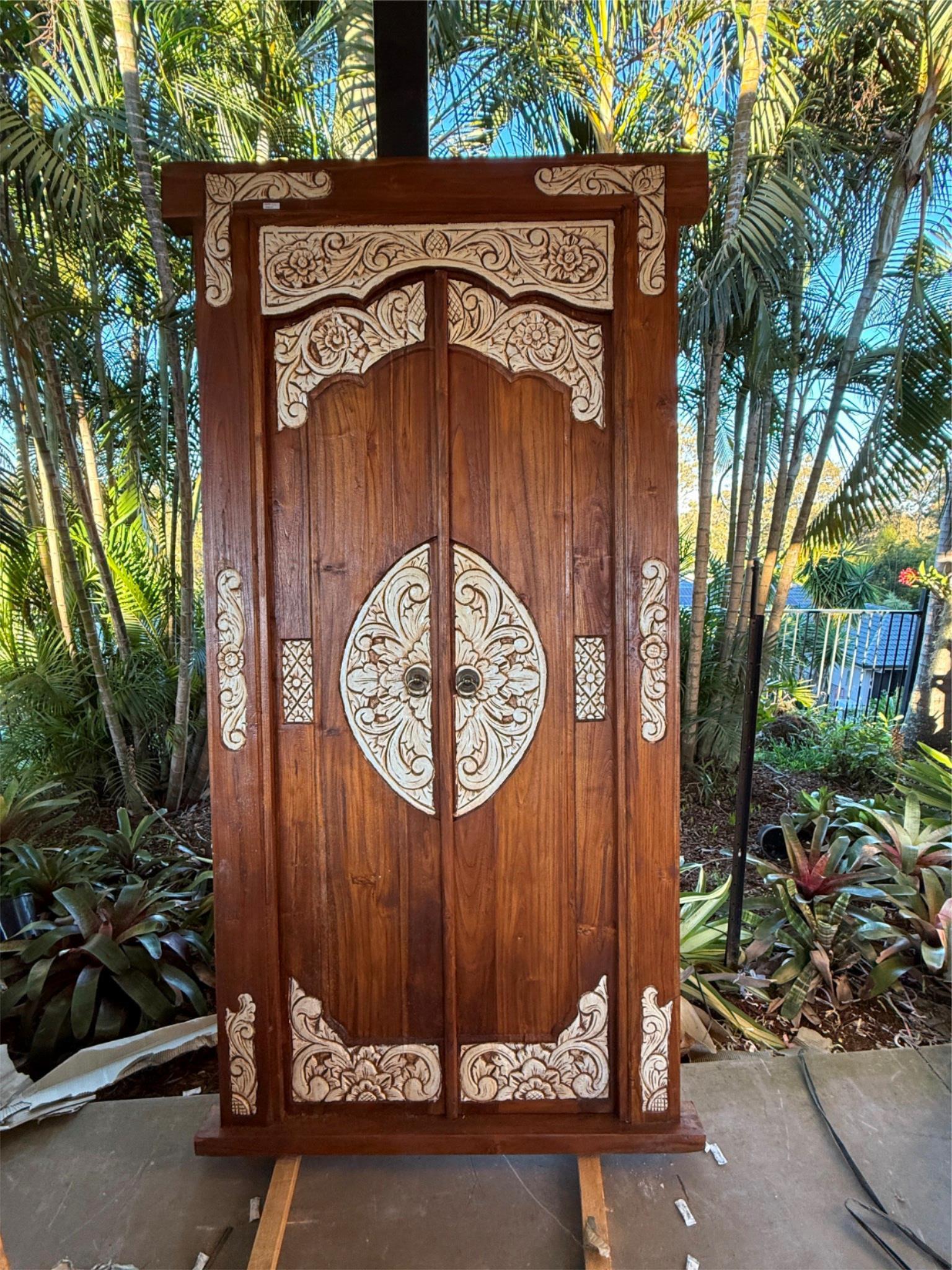 Authentic Balinese Teak Doors in Frame - Hand Carved Recycled Teak Bali Doors