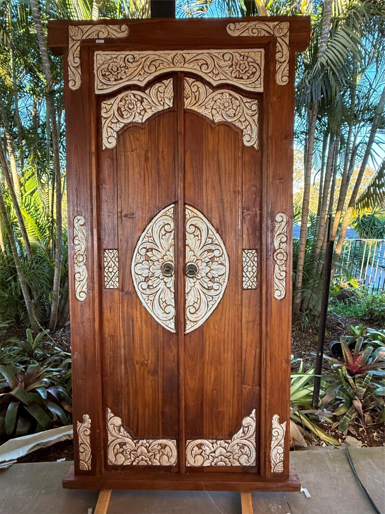 Authentic Balinese Teak Doors in Frame - Hand Carved Recycled Teak Bali Doors