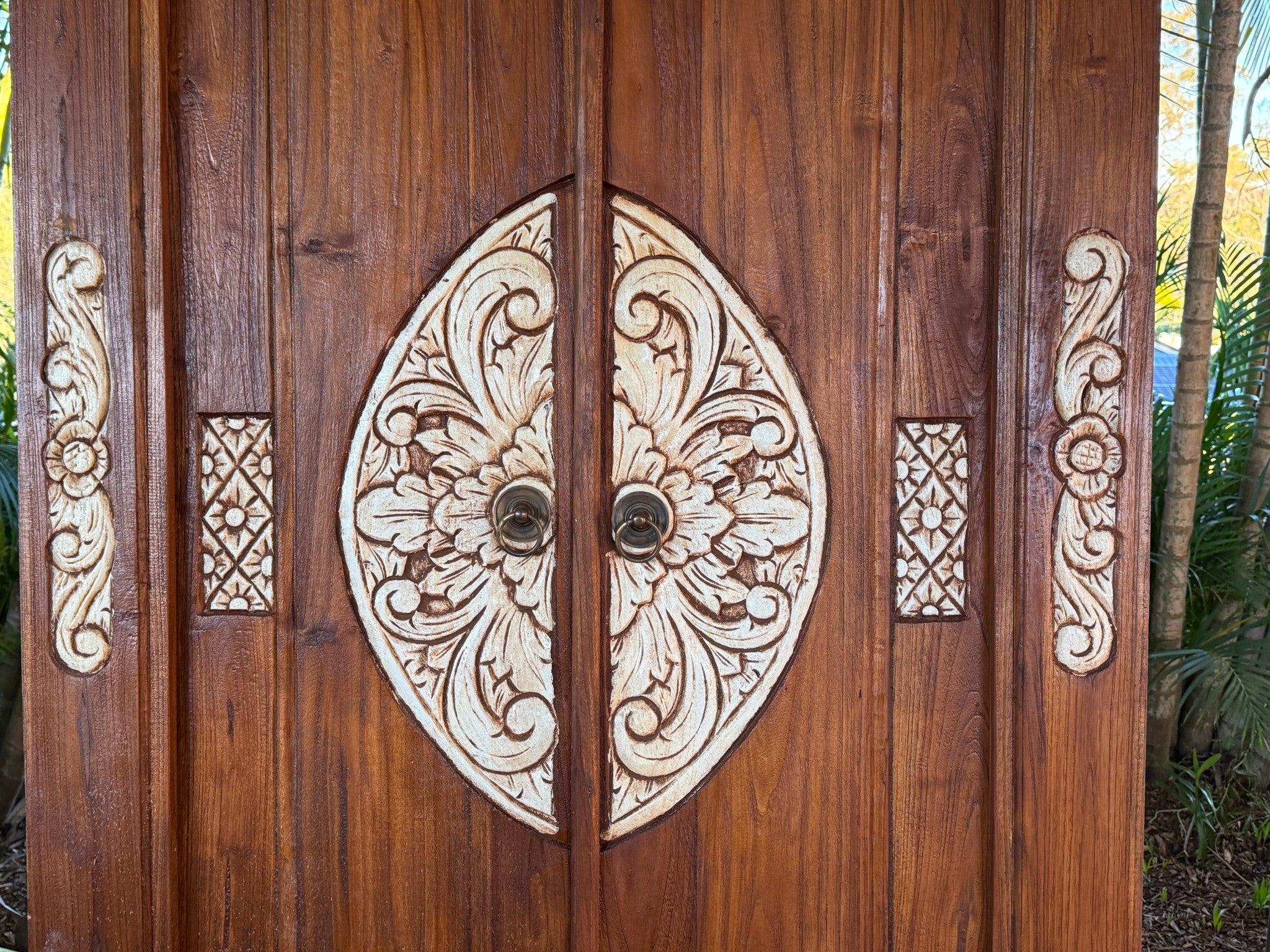 Authentic Balinese Teak Doors in Frame - Hand Carved Recycled Teak Bali Doors