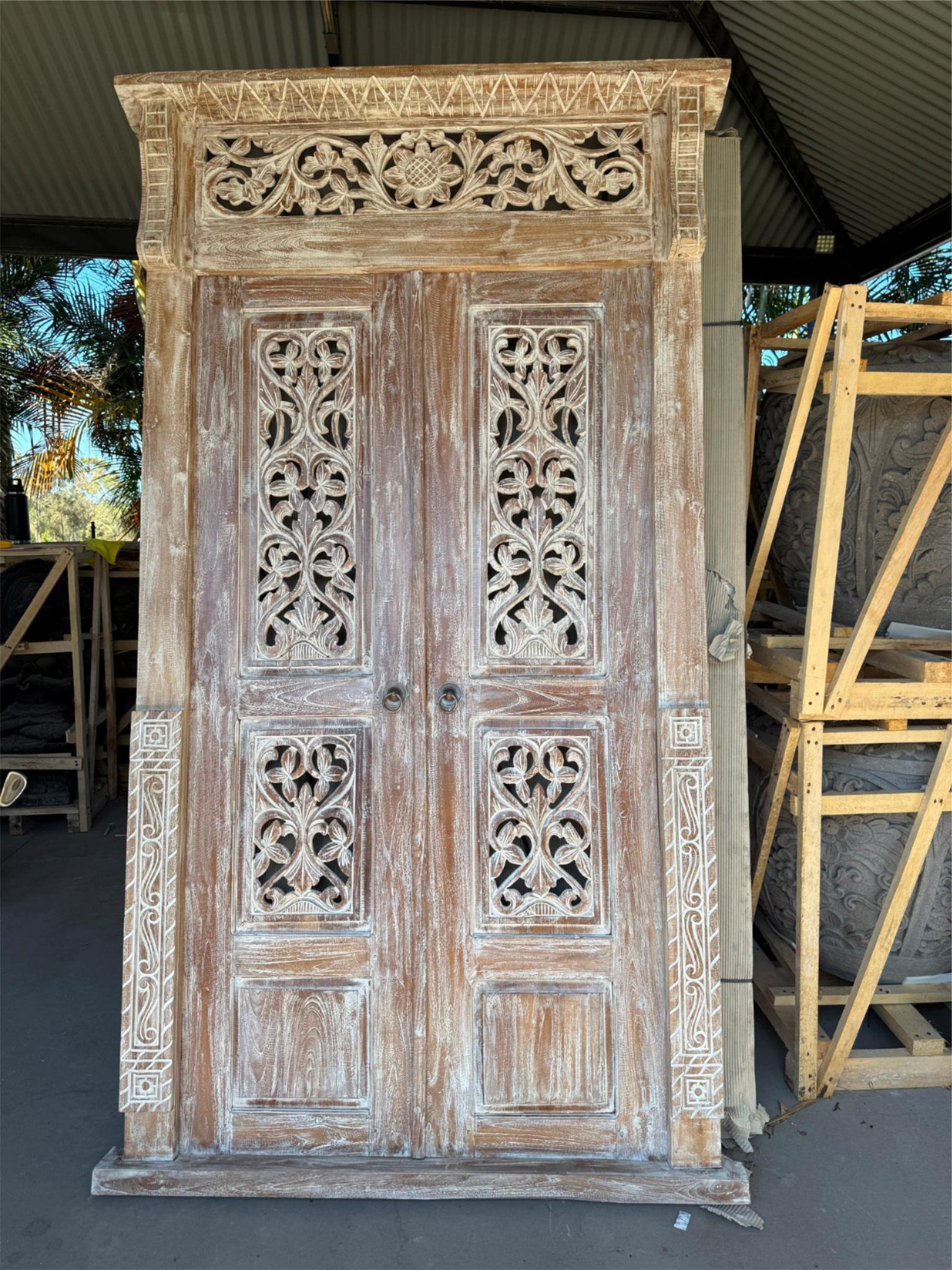 Authentic Balinese Teak Doors in Frame - Hand Carved Recycled Teak Bali Doors