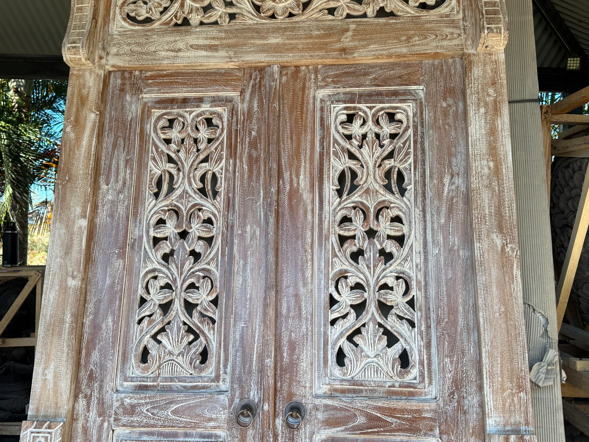 Authentic Balinese Teak Doors in Frame - Hand Carved Recycled Teak Bali Doors