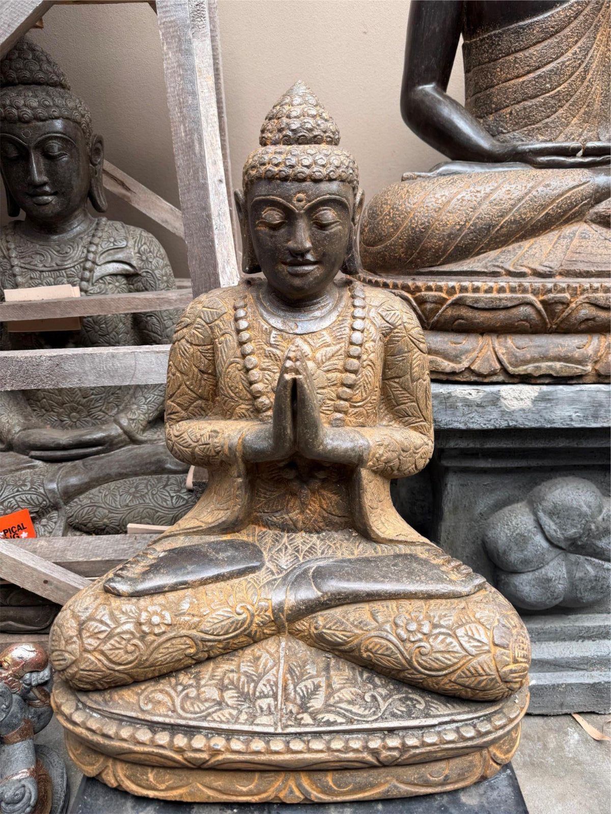 Balinese Master Carved LAVA Stone Buddha Statue w/Batik Cloak - RARE PIECE!!