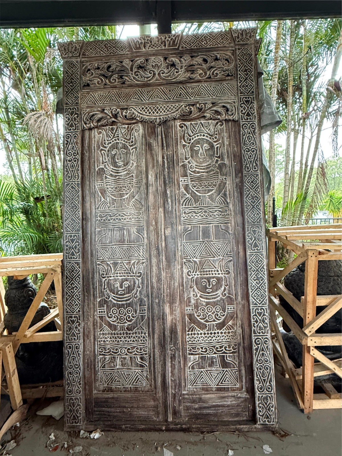 Primitive  Balinese Teak Doors in Frame - Hand Carved Recycled Teak Bali Doors