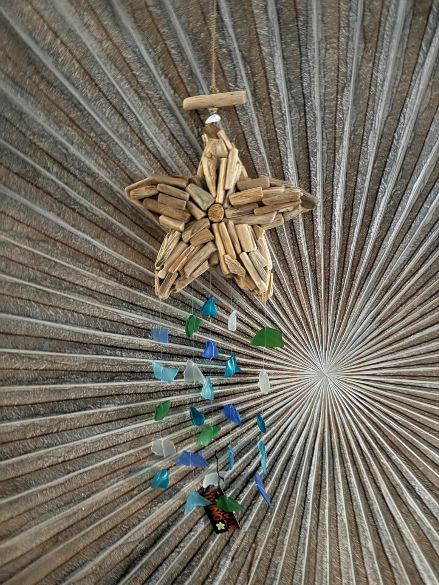Balinese Driftwood Starfish w/Sea Glass Windchime - Bali Sea Glass Chime