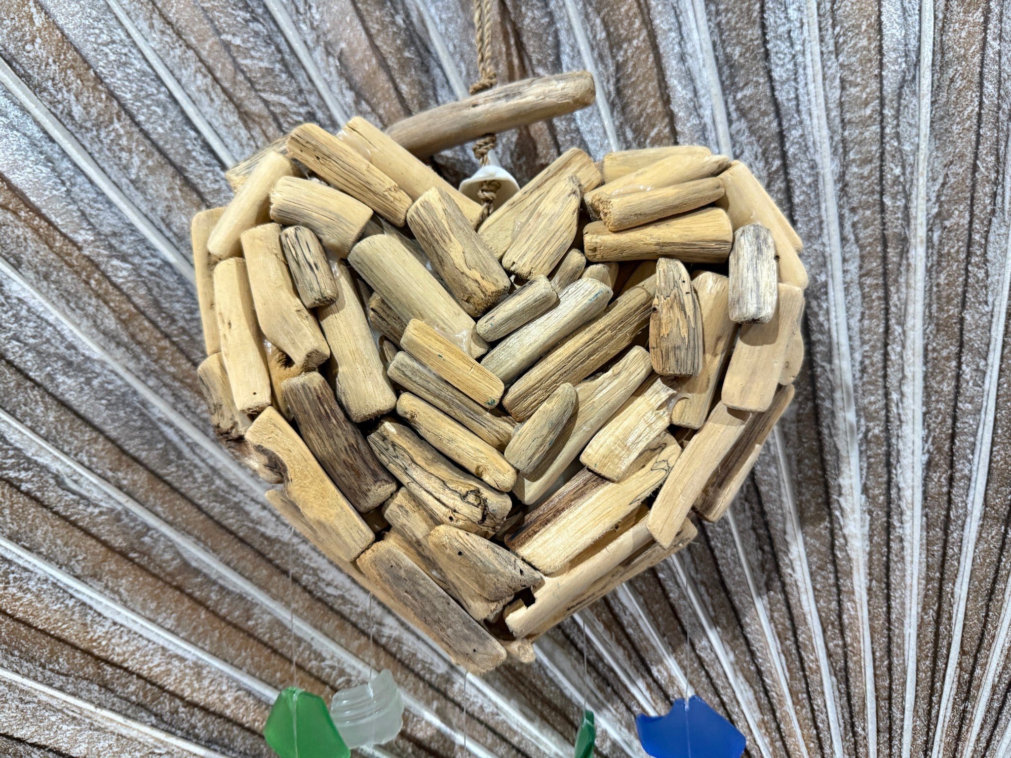 Balinese Driftwood Love Heart w/Sea Glass Windchime - Bali Sea Glass Chime