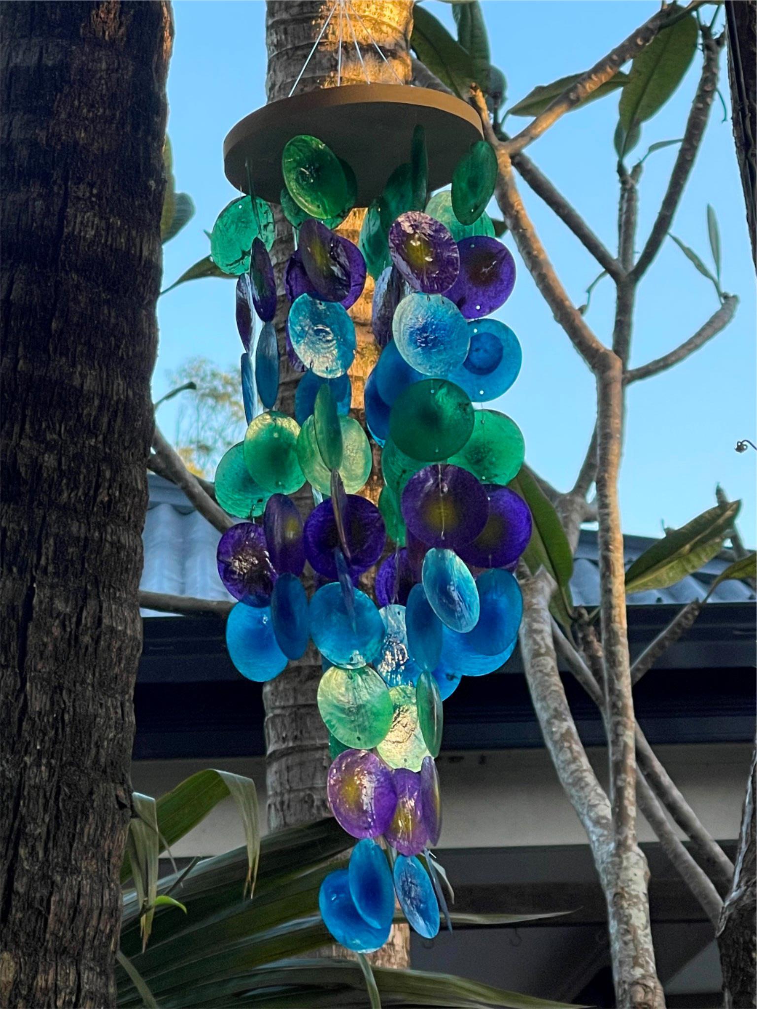 NEW Balinese Capiz Shell w/Wood Disc Top Multi Coloured Windchime / Mobile