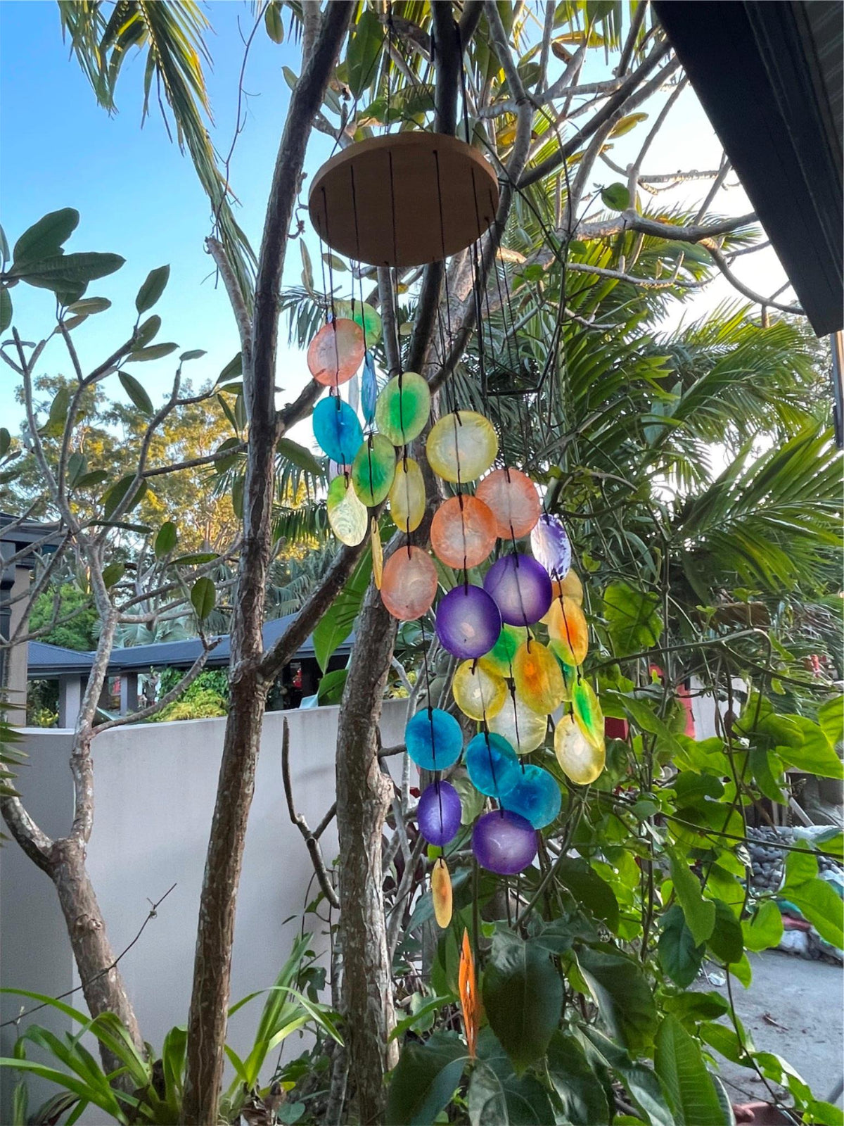 NEW Balinese Capiz Shell w/Wood Disc Top Spiral Windchime / Mobile