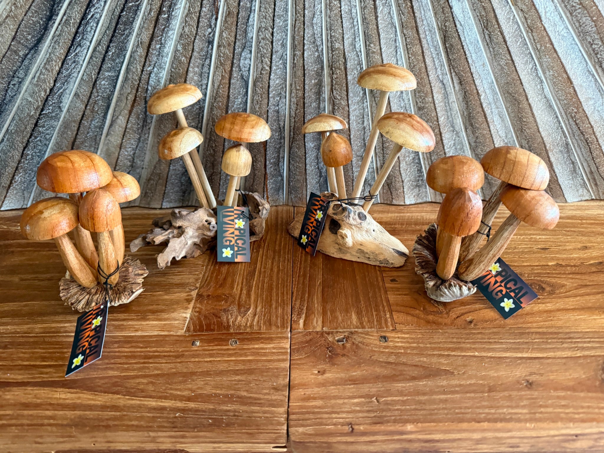 NEW Balinese Hand Carved & Crafted Mushroom on Wood Sculpture - Bali Wood Art
