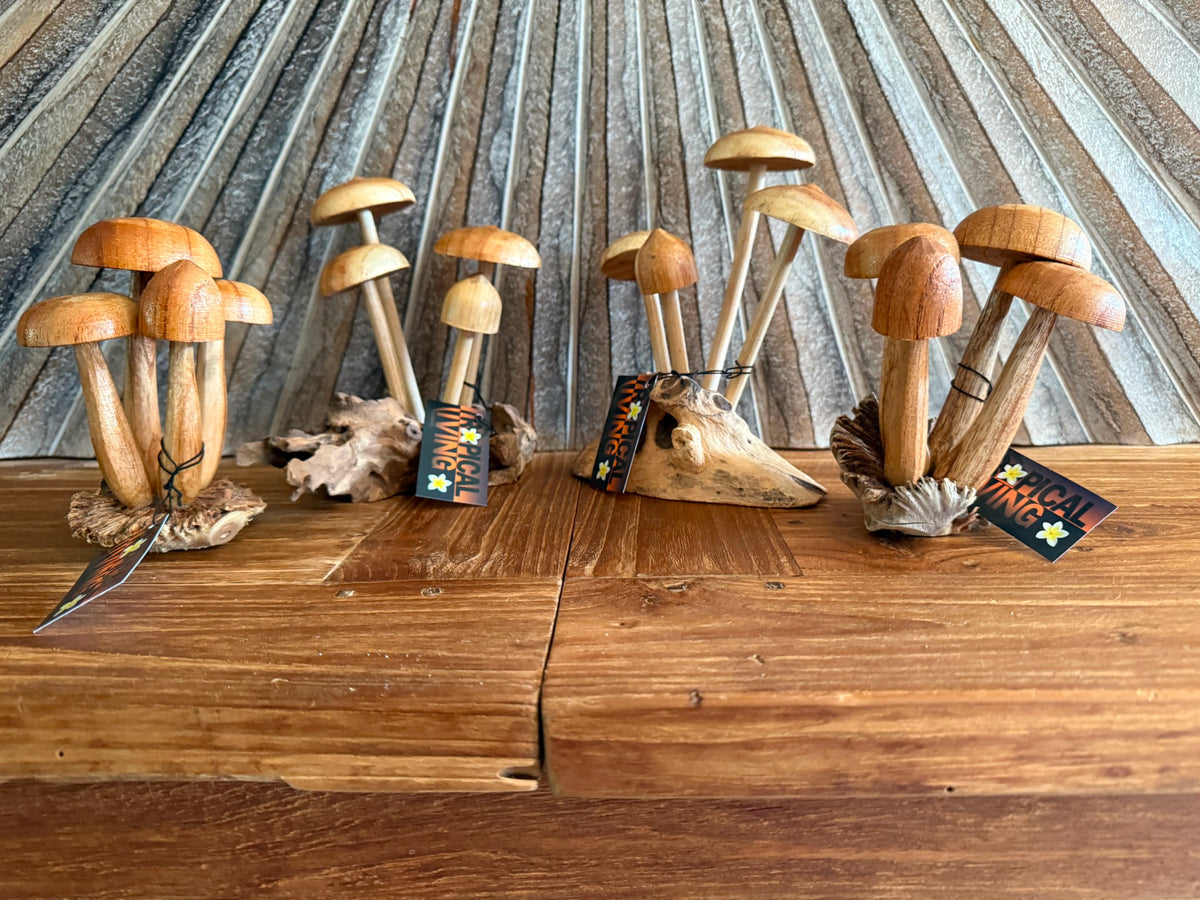 NEW Balinese Hand Carved & Crafted Mushroom on Wood Sculpture - Bali Wood Art