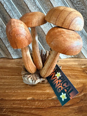 NEW Balinese Hand Carved & Crafted Mushroom on Wood Sculpture - Bali Wood Art