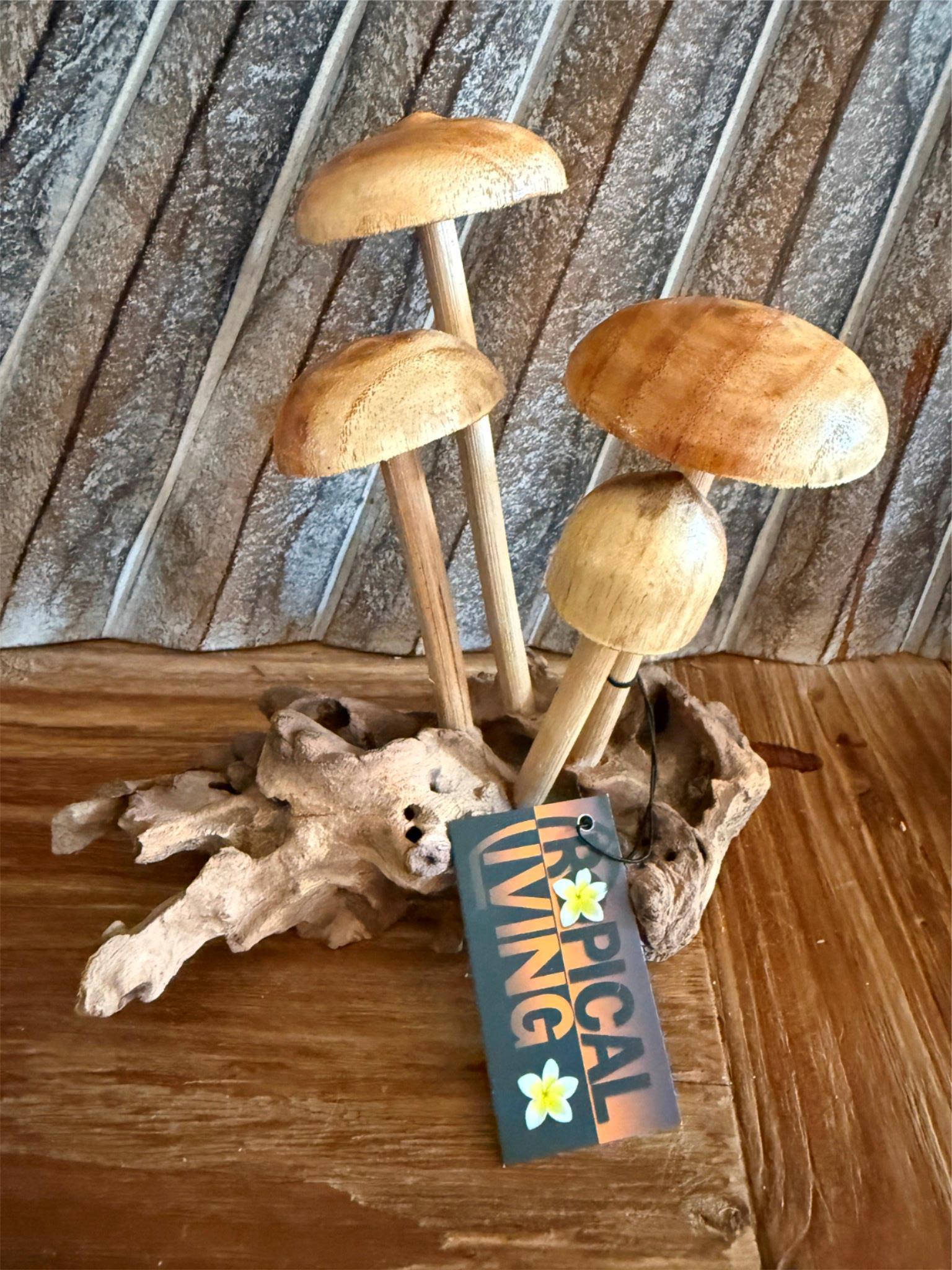 NEW Balinese Hand Carved & Crafted Mushroom on Wood Sculpture - Bali Wood Art
