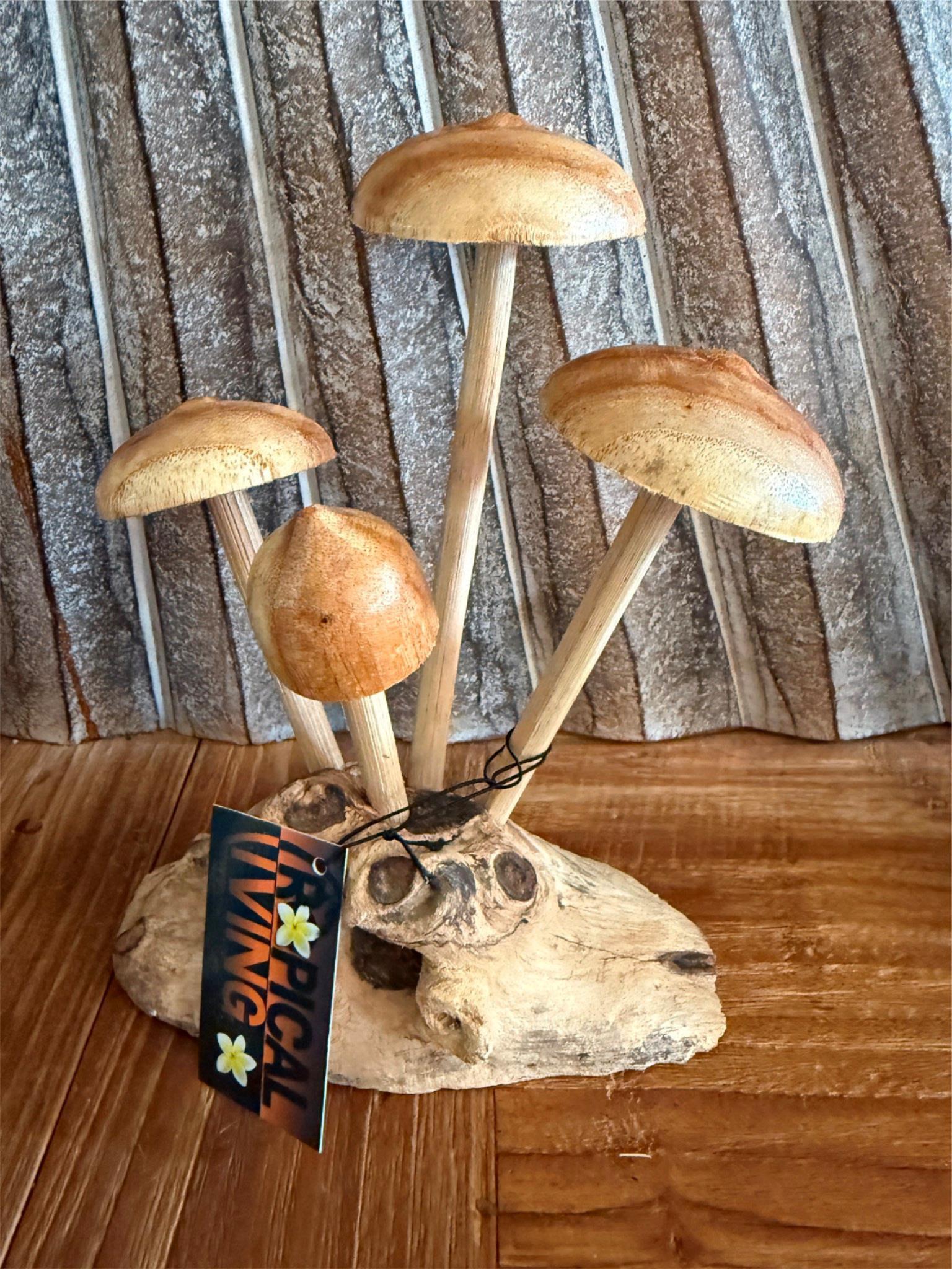 NEW Balinese Hand Carved & Crafted Mushroom on Wood Sculpture - Bali Wood Art