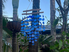 Balinese Sea Glass w/Wood Zen Top Windchime / Mobile - Glass Chime Decor Hanger