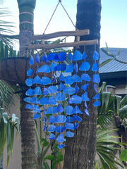 Balinese Sea Glass w/Wood Zen Top Windchime / Mobile - Glass Chime Decor Hanger