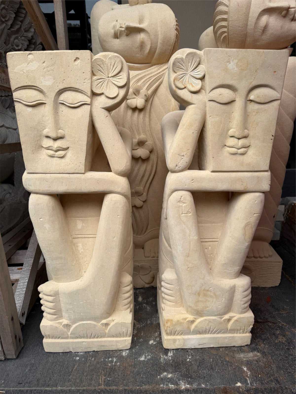 Hand Carved Set of 2 Limestone Balinese Mimpi Statues  REDUCED FOR QUICK SALE