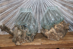 NEW Balinese Blown Glass on Wood Bowl - Bali Molten Glass on Wood - Slump Glass