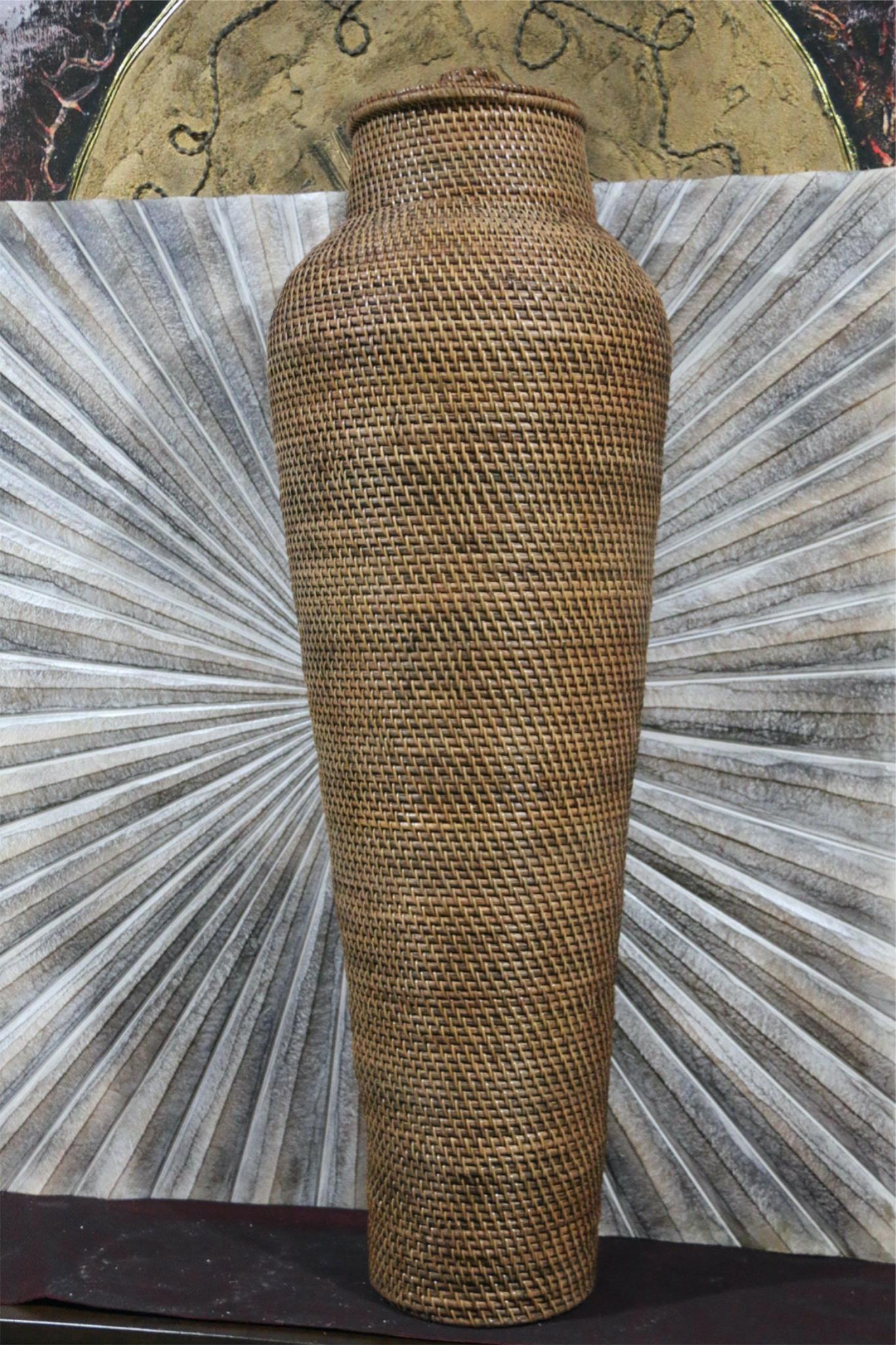 NEW BALINESE HAND WOVEN RATTAN FLOOR VASE / BASKET WITH LID