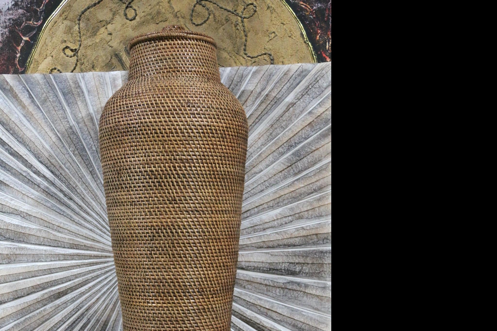 NEW BALINESE HAND WOVEN RATTAN FLOOR VASE / BASKET WITH LID