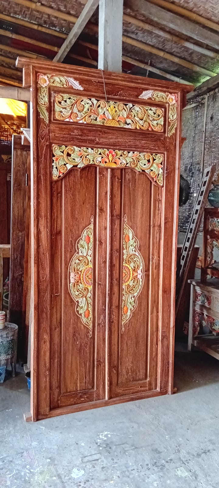Authentic Balinese Teak Doors in Frame - Hand Carved Recycled Teak Bali Doors