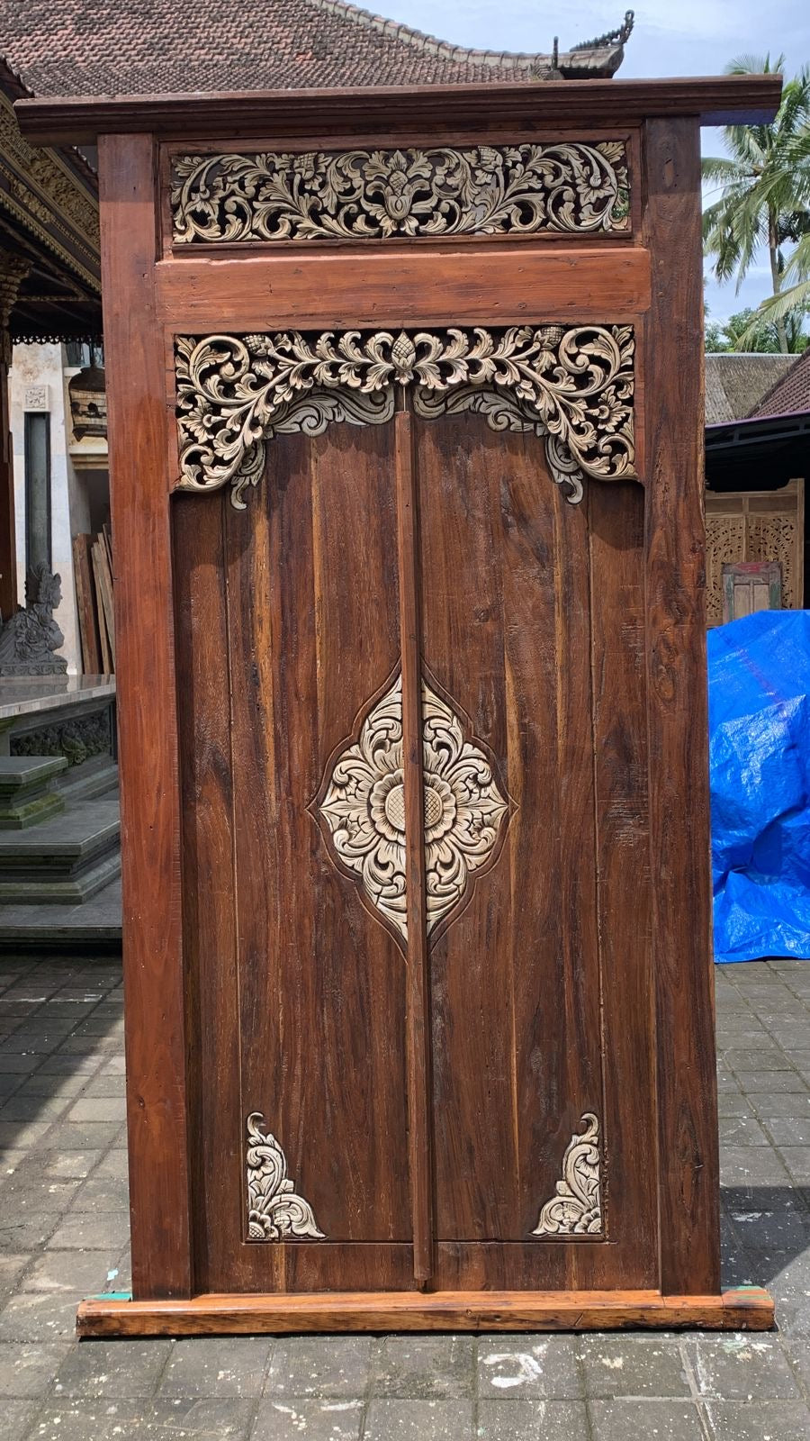 Authentic Balinese Teak Doors in Frame - Hand Carved Recycled Teak Bali Doors