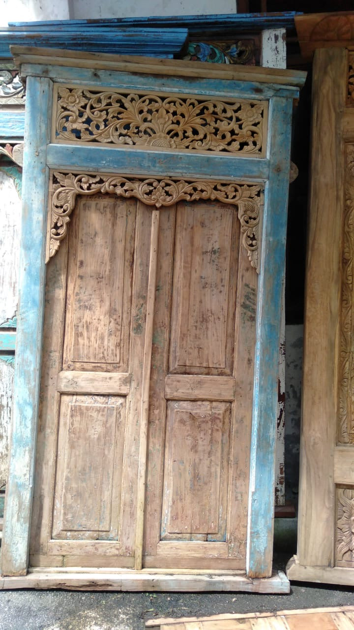 Authentic Balinese Teak Doors in Frame - Hand Carved Recycled Teak Bali Doors