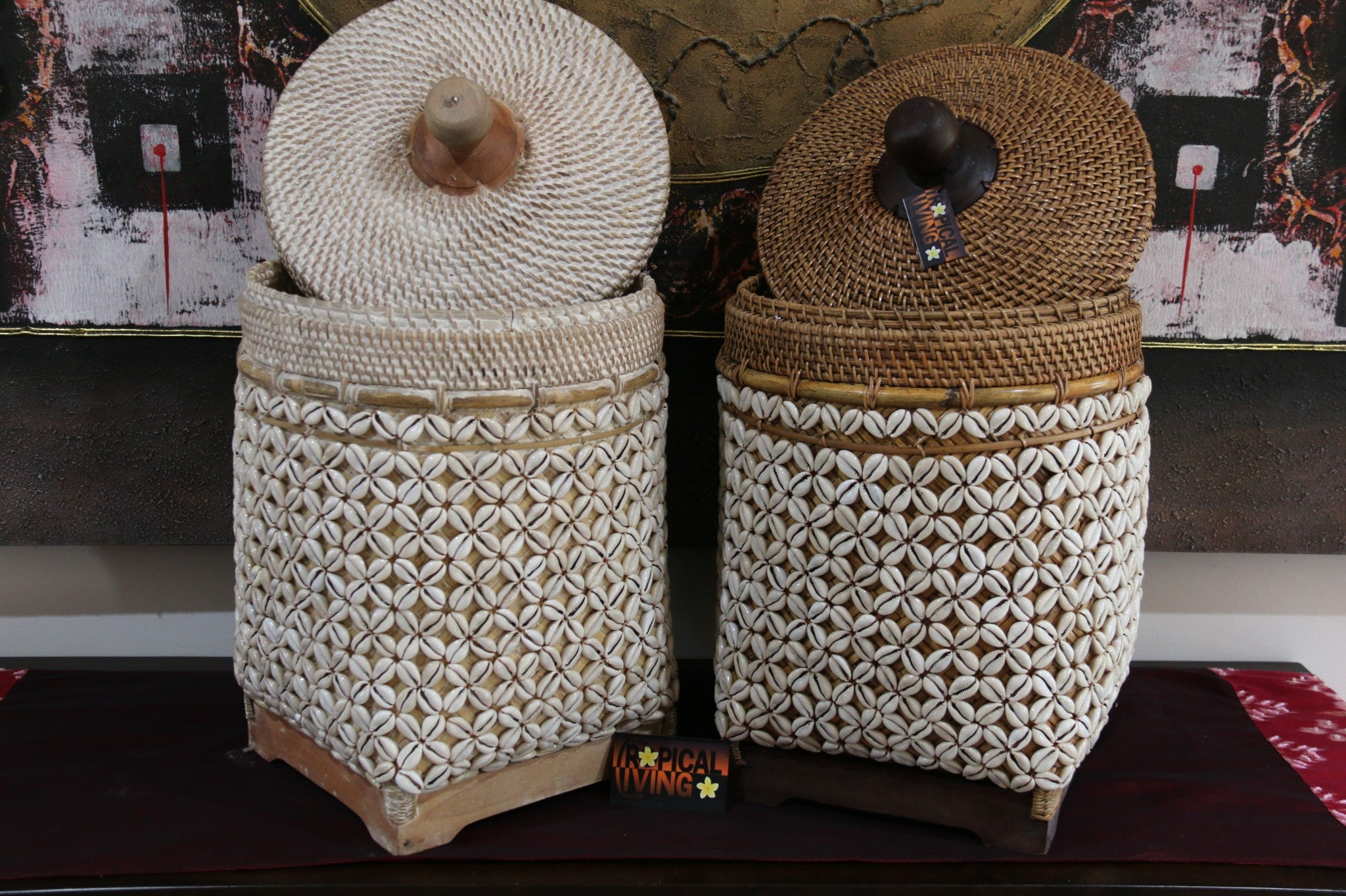 NEW Balinese Woven Basket w/Rattan & Shell Trim - Large Bali Basket with Lid