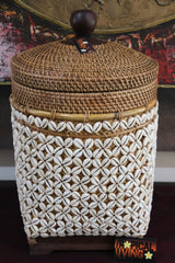 NEW Balinese Woven Basket w/Rattan & Shell Trim - Large Bali Basket with Lid