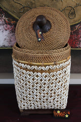 NEW Balinese Woven Basket w/Rattan & Shell Trim - Large Bali Basket with Lid