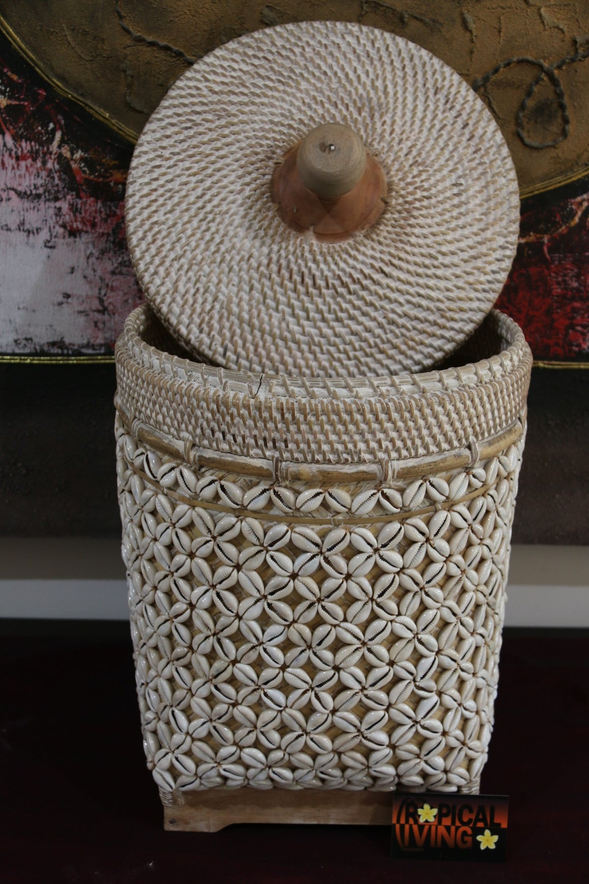 NEW Balinese Woven Basket w/Rattan & Shell Trim - Large Bali Basket with Lid