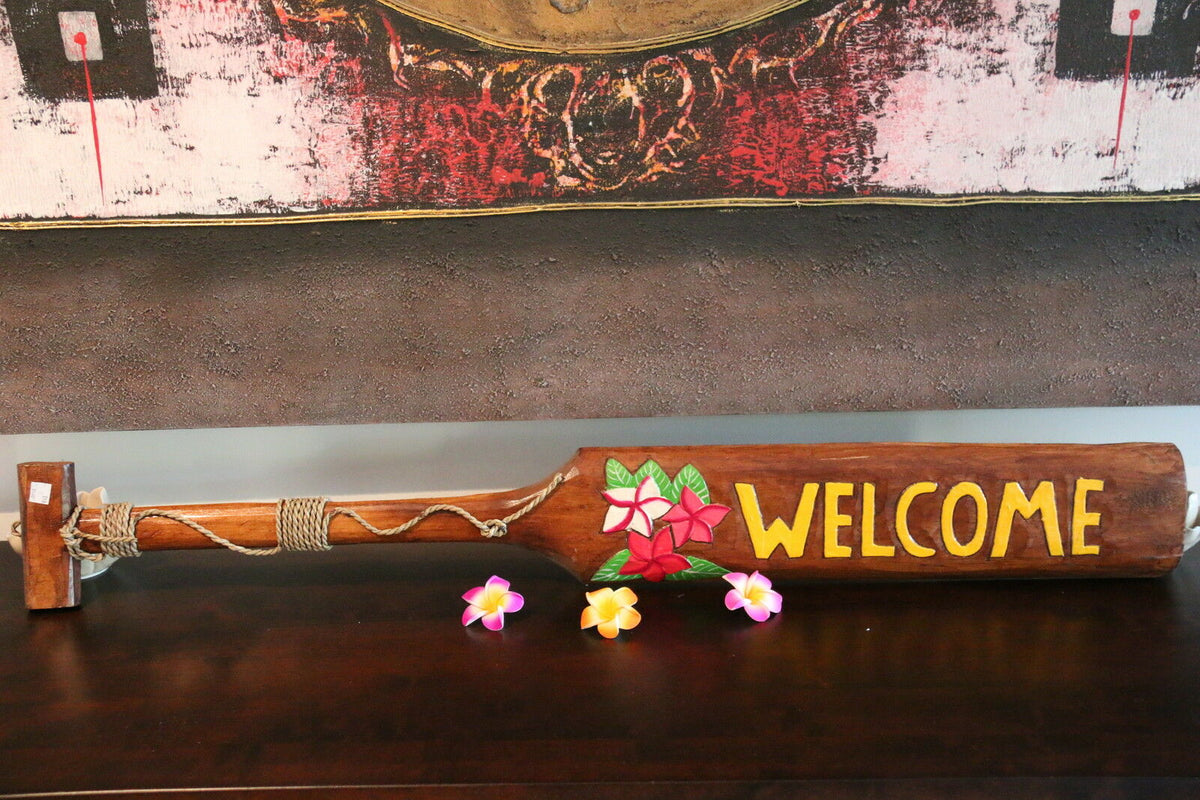 NEW Hand Crafted & Carved Tiki Bar WELCOME Paddle Sign - Tropical Bali Bar Sign