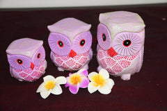 NEW Balinese Hand Carved Set 3 Owls - Wood Carved Bali Animals - 2 Colours Avail