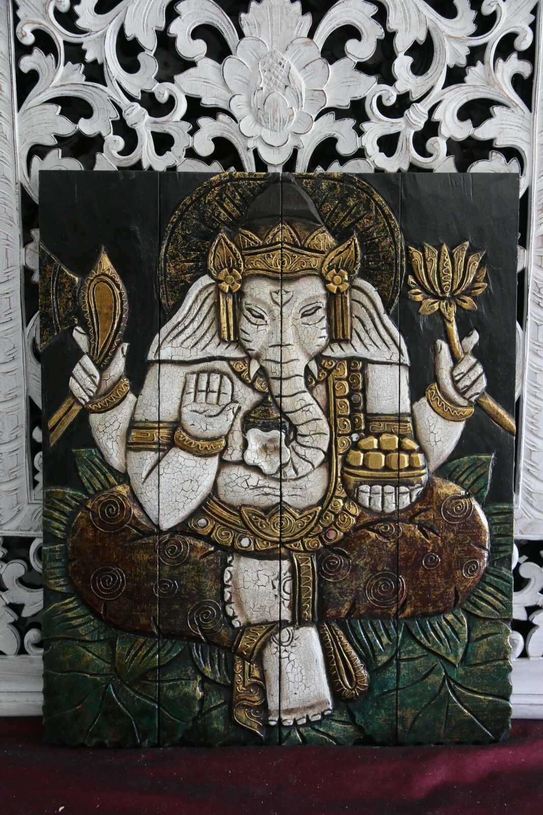 Balinese Hand Carved Wood Hinged Ganesh Wall Panel - Bali Buddha Wall Panel 60cm