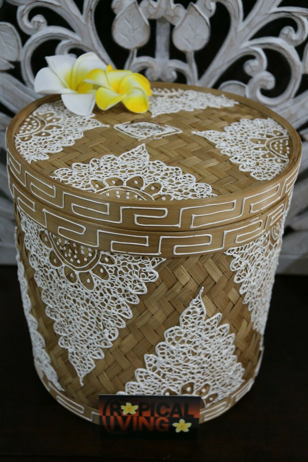 NEW Balinese Hand Woven Natural Bamboo Basket with Lid - Mandala Design xx