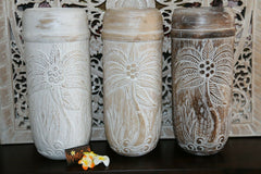 NEW Hand Carved Wooden Palm Tree Pot - BOHO Style  -  3 Colours Available