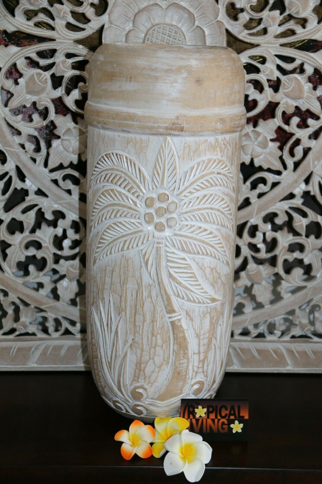 NEW Hand Carved Wooden Palm Tree Pot - BOHO Style  -  3 Colours Available