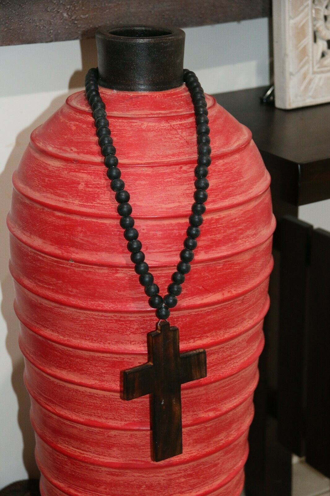 NEW Hand Crafted Balinese Wood Cross Necklace - Wood Bead / Cross Tassel