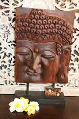 Balinese Hand Carved Wooden Buddha Panel on Stand - Wooden Bali Buddha