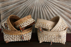 NEW Balinese Hand Crafted Woven Open Basket w/Rattan & Shell Trim - 3 Sizes Avai